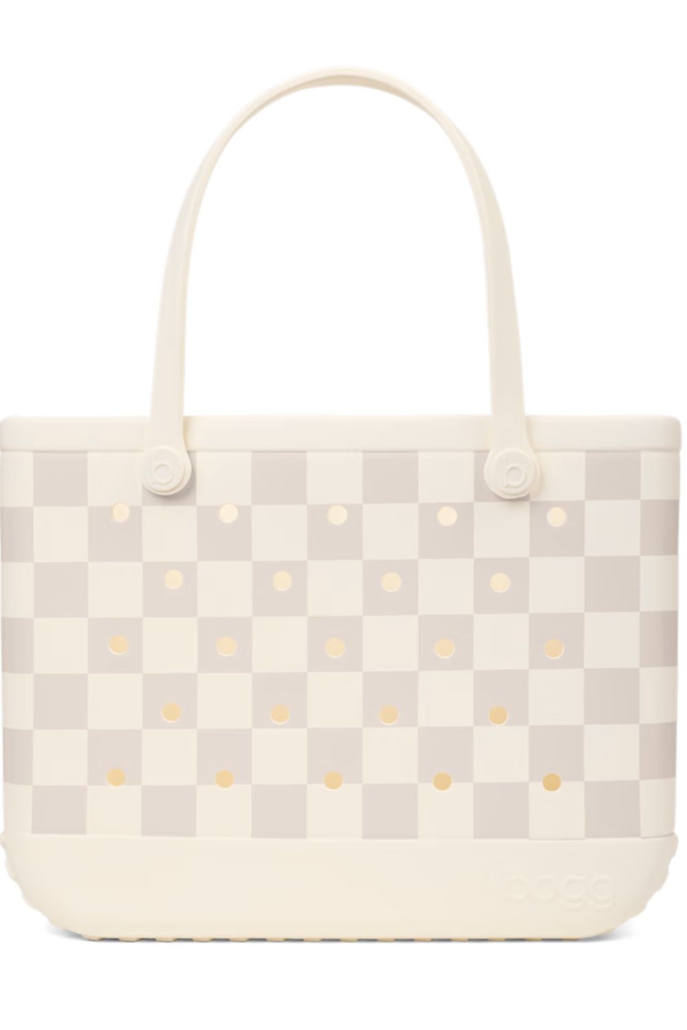 A light beige and off-white checkered tote bag with small gold polka dots and cream-colored shoulder straps, shown against a plain white background.