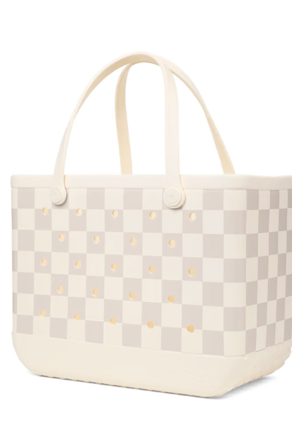 A structured tote bag featuring a cream and light beige checkerboard pattern with small gold studs, cream handles, and a cream base, shown on a plain white background.