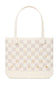 A structured tote bag featuring a cream and light beige checkerboard pattern with small gold polka dots, set against a plain white background.