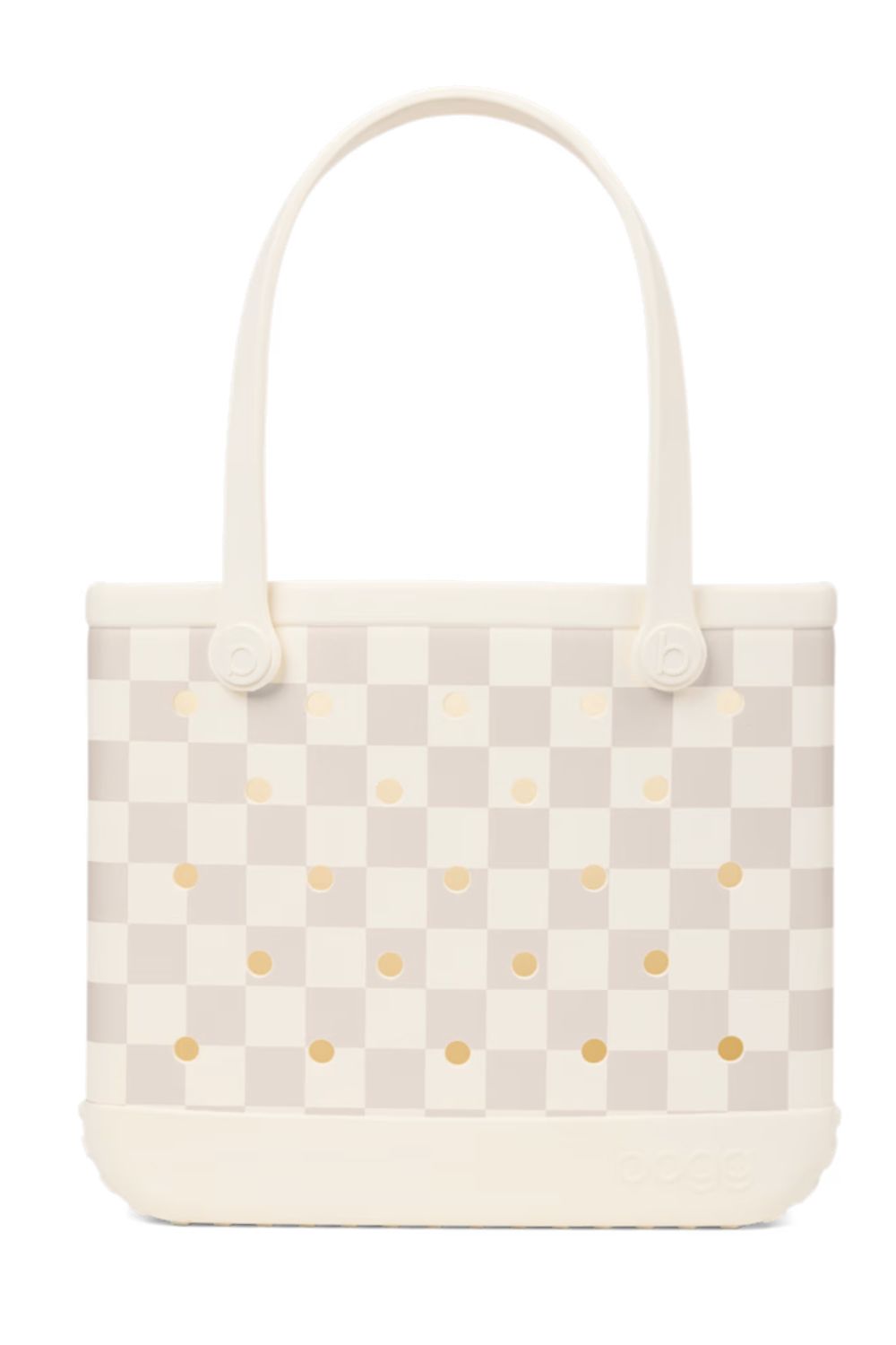 A structured tote bag featuring a cream and light beige checkerboard pattern with small gold polka dots, set against a plain white background.