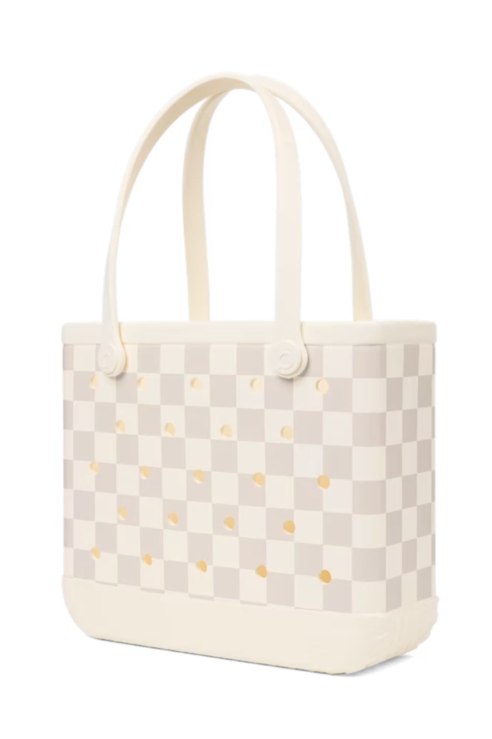 A cream and beige checkerboard tote bag with small gold polka dots and dual top handles, shown on a plain white background.