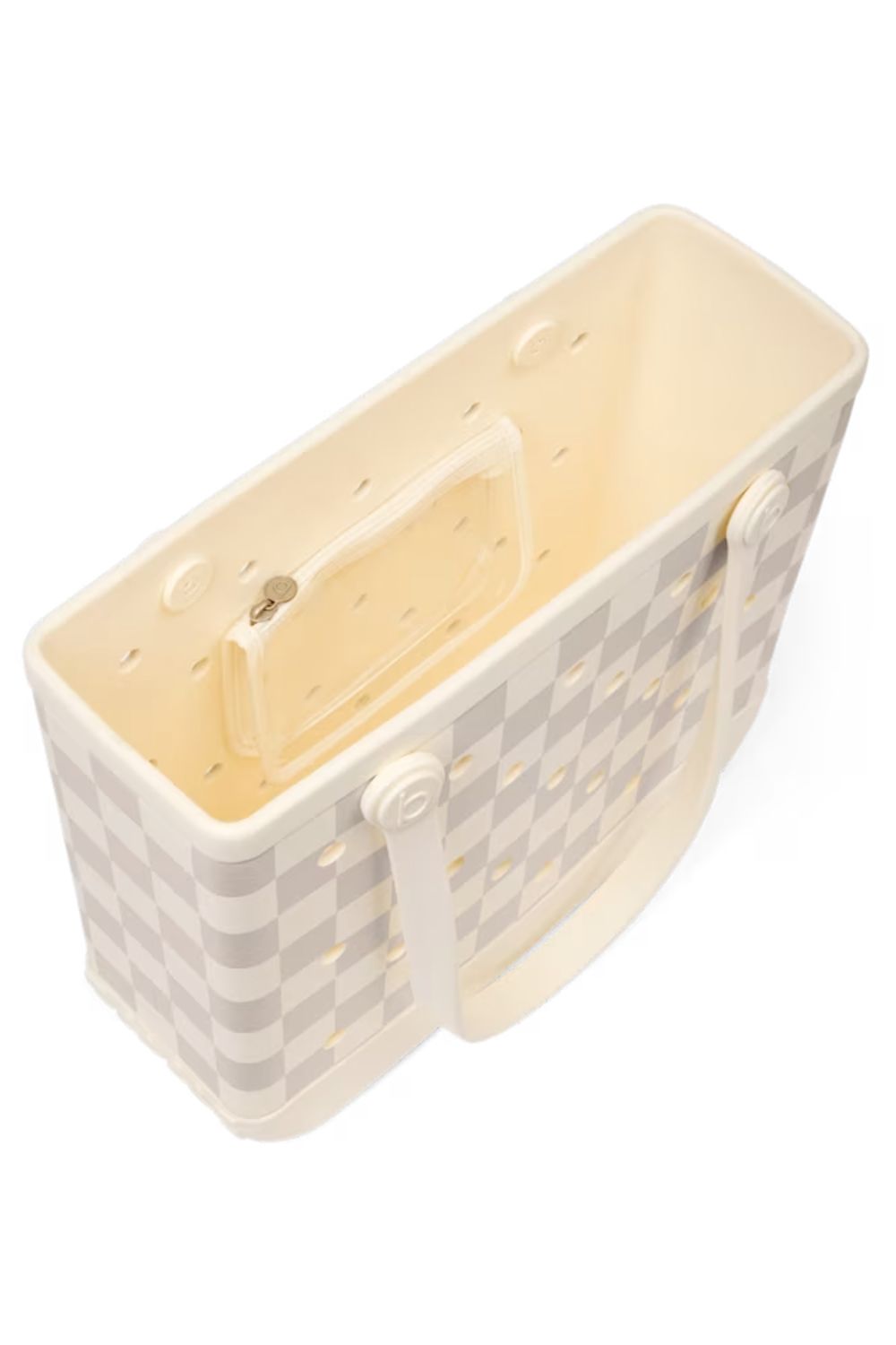 A rectangular plastic pet carrier basket with a light gray and white checkerboard pattern on the exterior, a cream-colored interior, and integrated handles, shown on a white background.