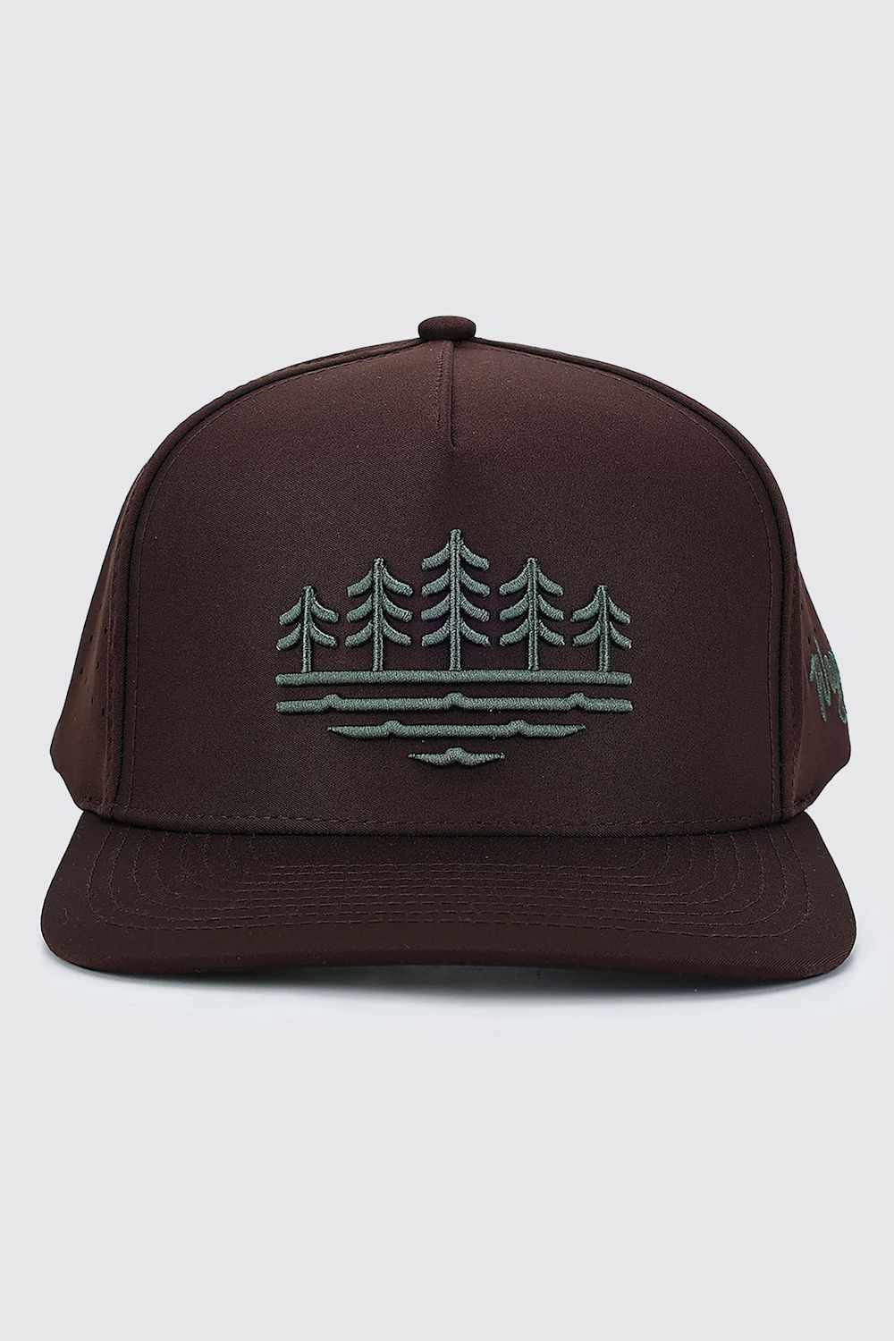 A dark brown snapback cap featuring a green embroidered graphic of pine trees and water on the front panel, set against a light gray background.