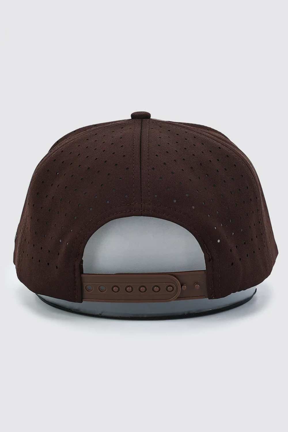 A dark brown snapback cap viewed from the back, featuring a perforated fabric crown and a brown adjustable strap on a light gray background.