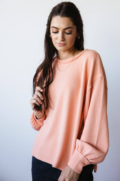 Blu Pepper Crewneck Ribbed Knit Shirt for Women in Peach 