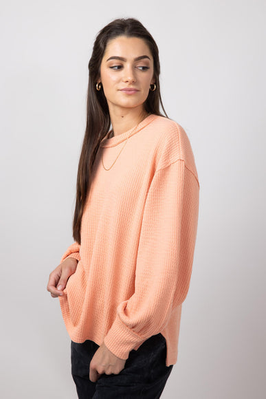 Blu Pepper Crewneck Ribbed Knit Shirt for Women in Peach 