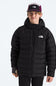 A young man wearing a black puffer jacket with a white The North Face logo on the chest, paired with a black and purple trucker hat, against a plain white background.