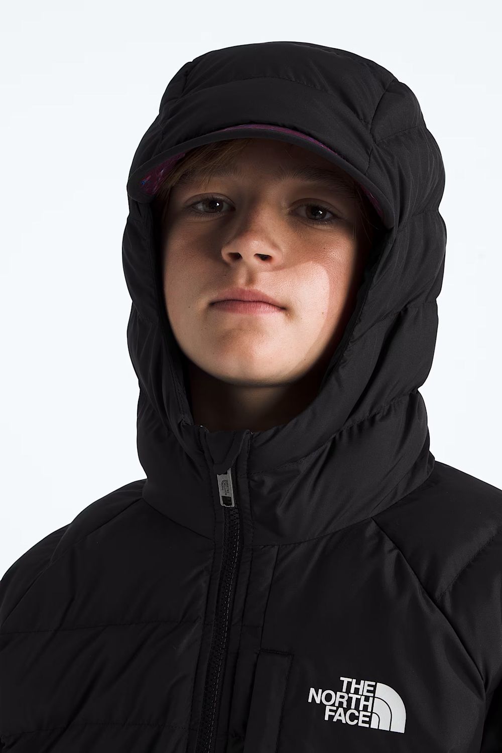 A close-up shot of a person wearing a black puffer jacket with a high hood and a white The North Face logo on the chest, set against a plain light gray background.