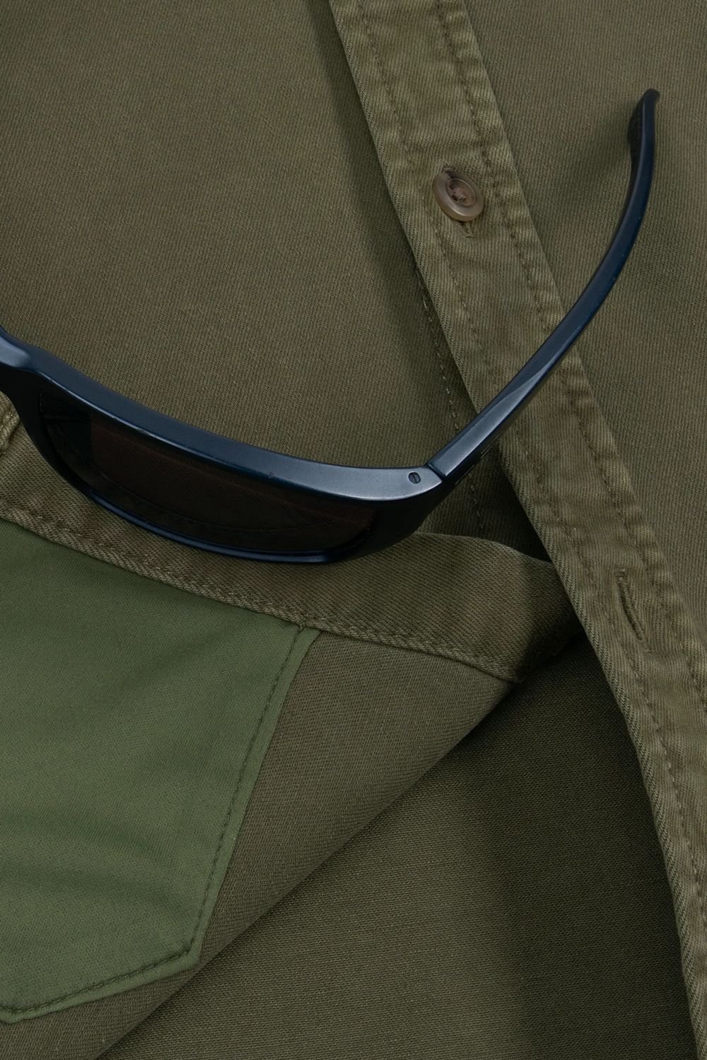 Close-up of olive green fabric with a pocket and button, featuring a pair of dark sunglasses resting on the surface.