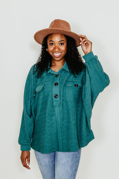 Bucketlist French Terry Fleece Button Up Sweater for Women in Hunter Green