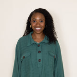 Bucketlist French Terry Fleece Button Up Sweater for Women in Hunter Green