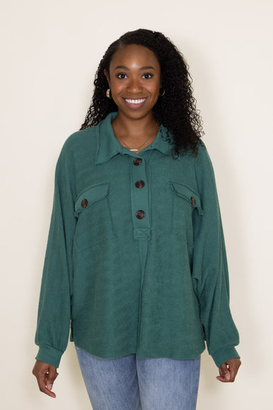 Bucketlist French Terry Fleece Button Up Sweater for Women in Hunter Green