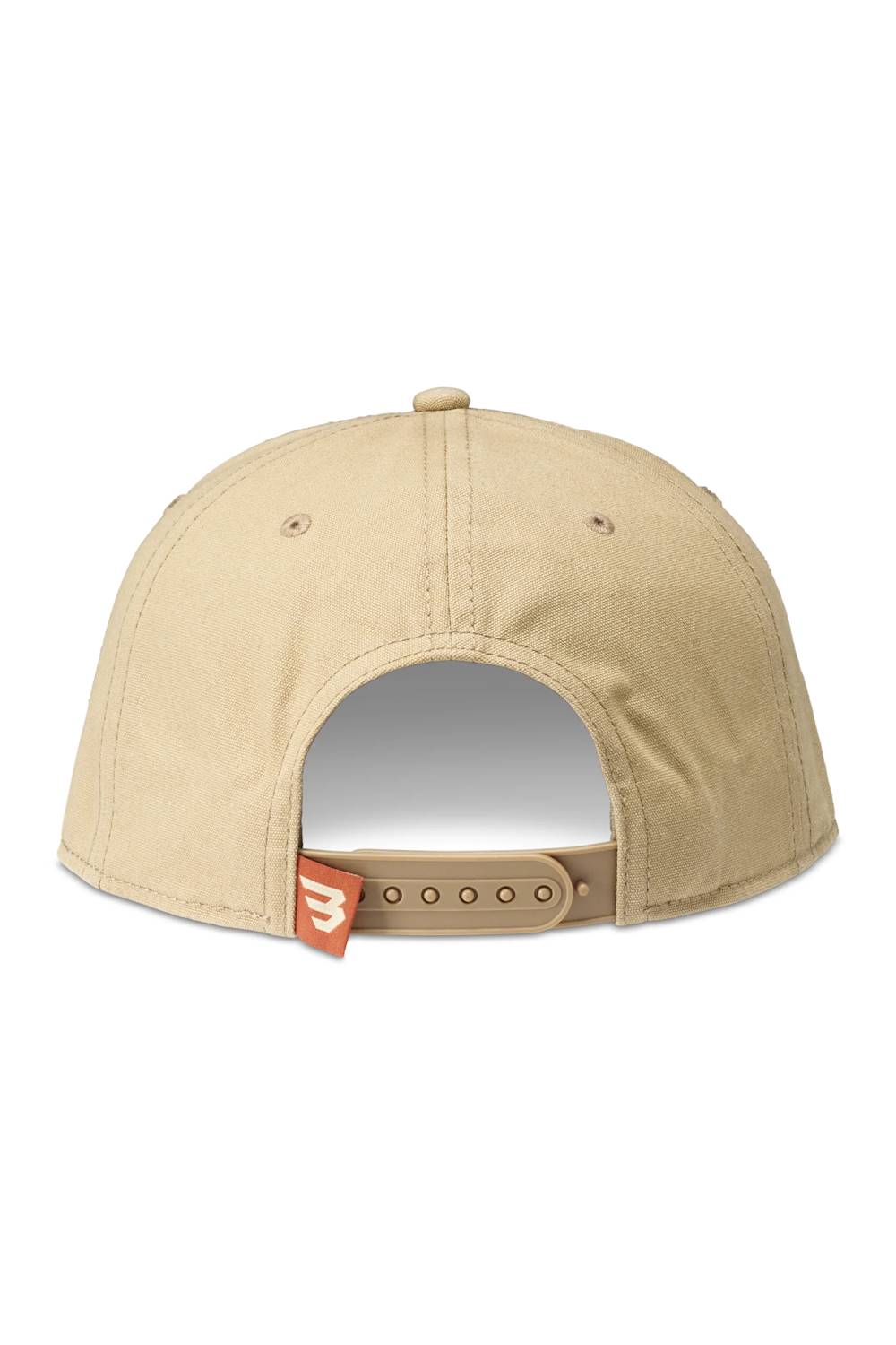 The back view of a khaki snapback cap with a tan adjustable strap and a small orange brand tag featuring a white stylized logo.