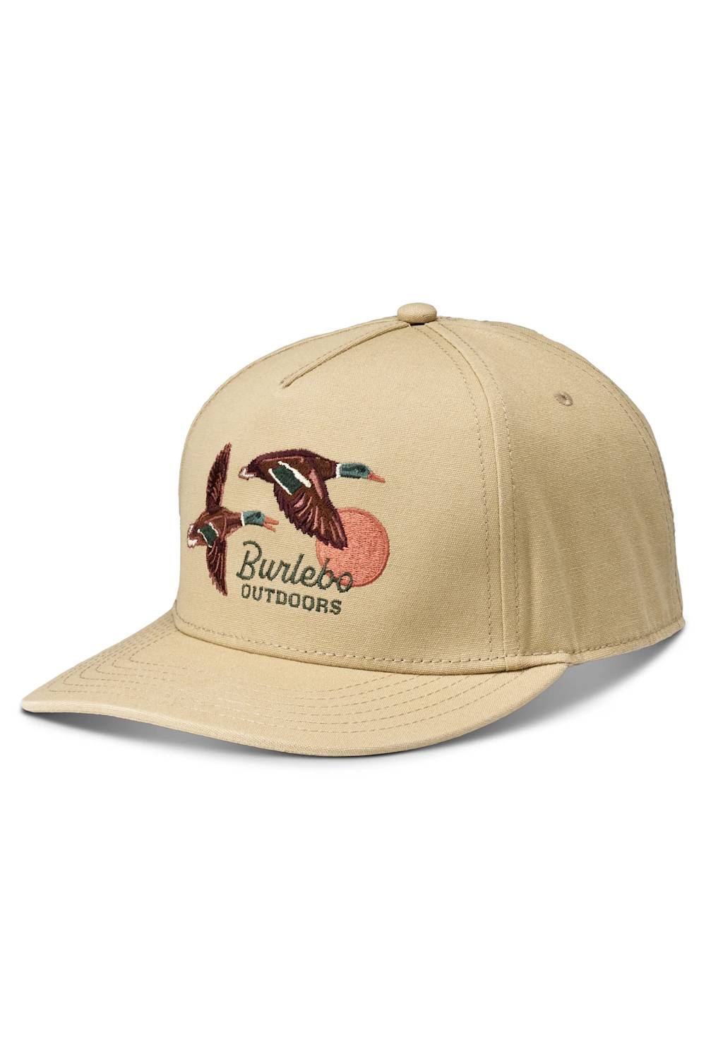 A beige flat-brim baseball cap featuring an embroidered design of a duck, a red-orange duckbill, and the text 'Burlebo Outdoors' on the front panel, set against a plain white background.