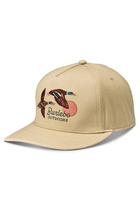 A beige flat-brim baseball cap featuring an embroidered design of a duck, a red-orange duckbill, and the text 'Burlebo Outdoors' on the front panel, set against a plain white background.