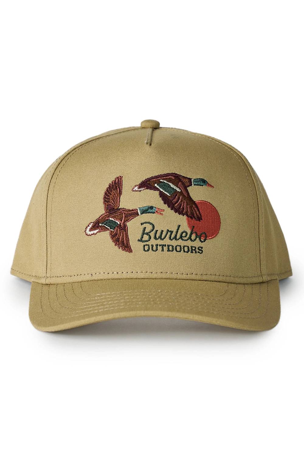A khaki tan baseball cap featuring embroidered ducks and a red sun with the text 'Burlebo OUTDOORS' on the front, set against a plain white background.