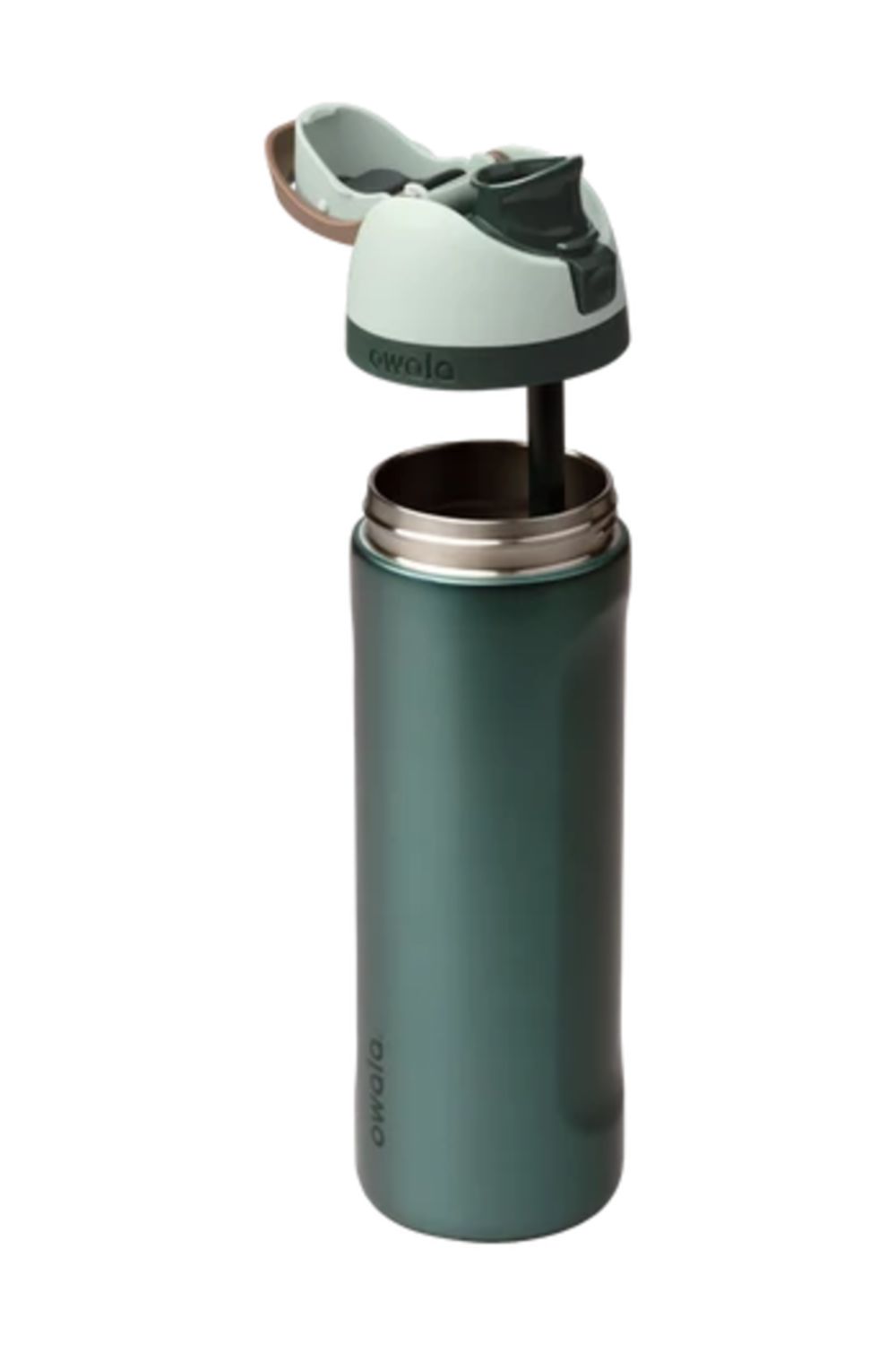 Owala FreeSip 24 oz stainless steel water bottle in winter green, shown in an exploded view with the dark teal body separated from the mint green lid and straw mechanism.