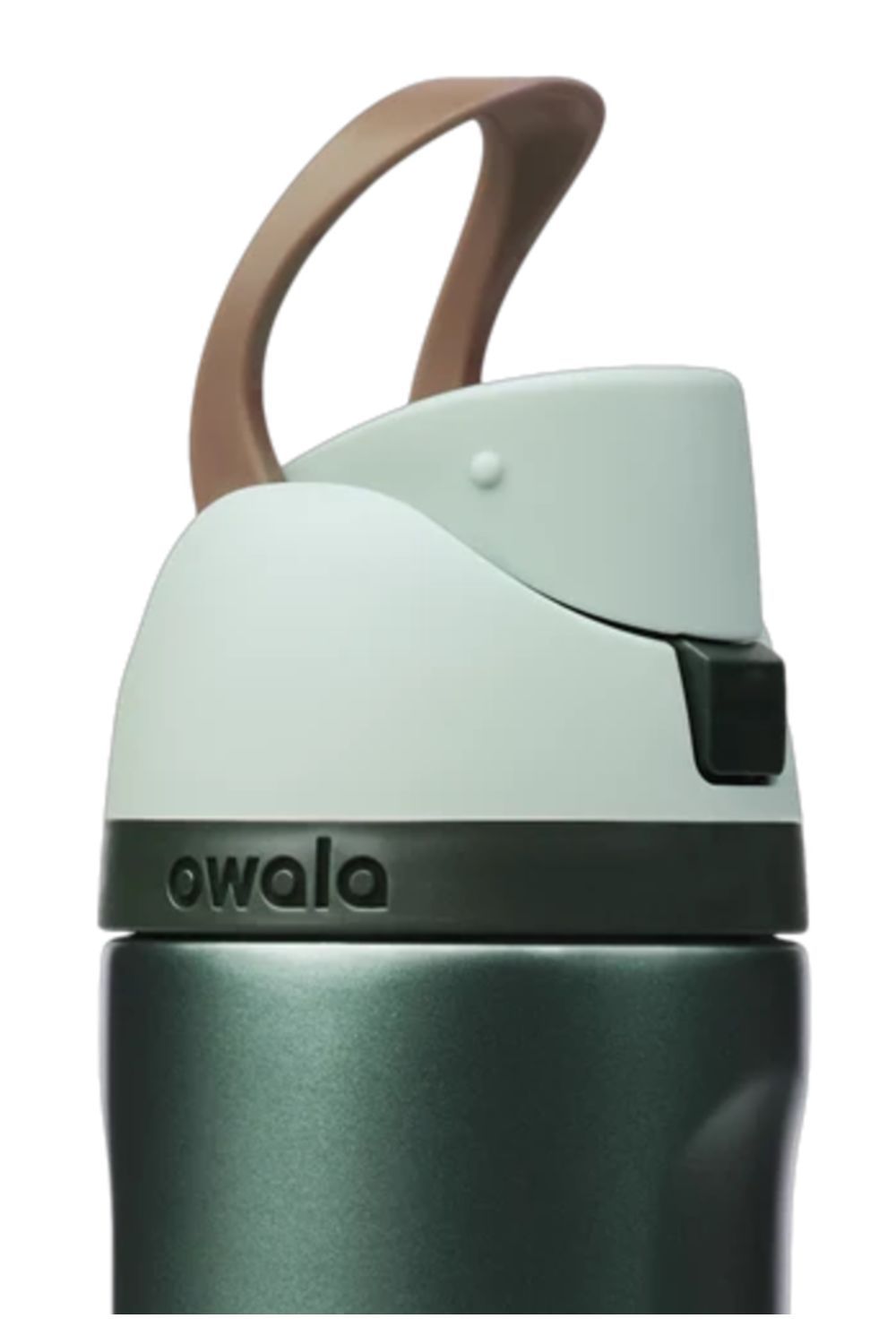 Owala FreeSip 24 oz stainless steel water bottle in winter green featuring a dark teal body, mint green lid, black push-button lock mechanism, and brown carrying loop.