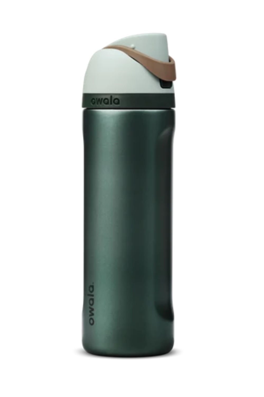 A sparkly green/teal water bottle with a mint green lid and brown handle