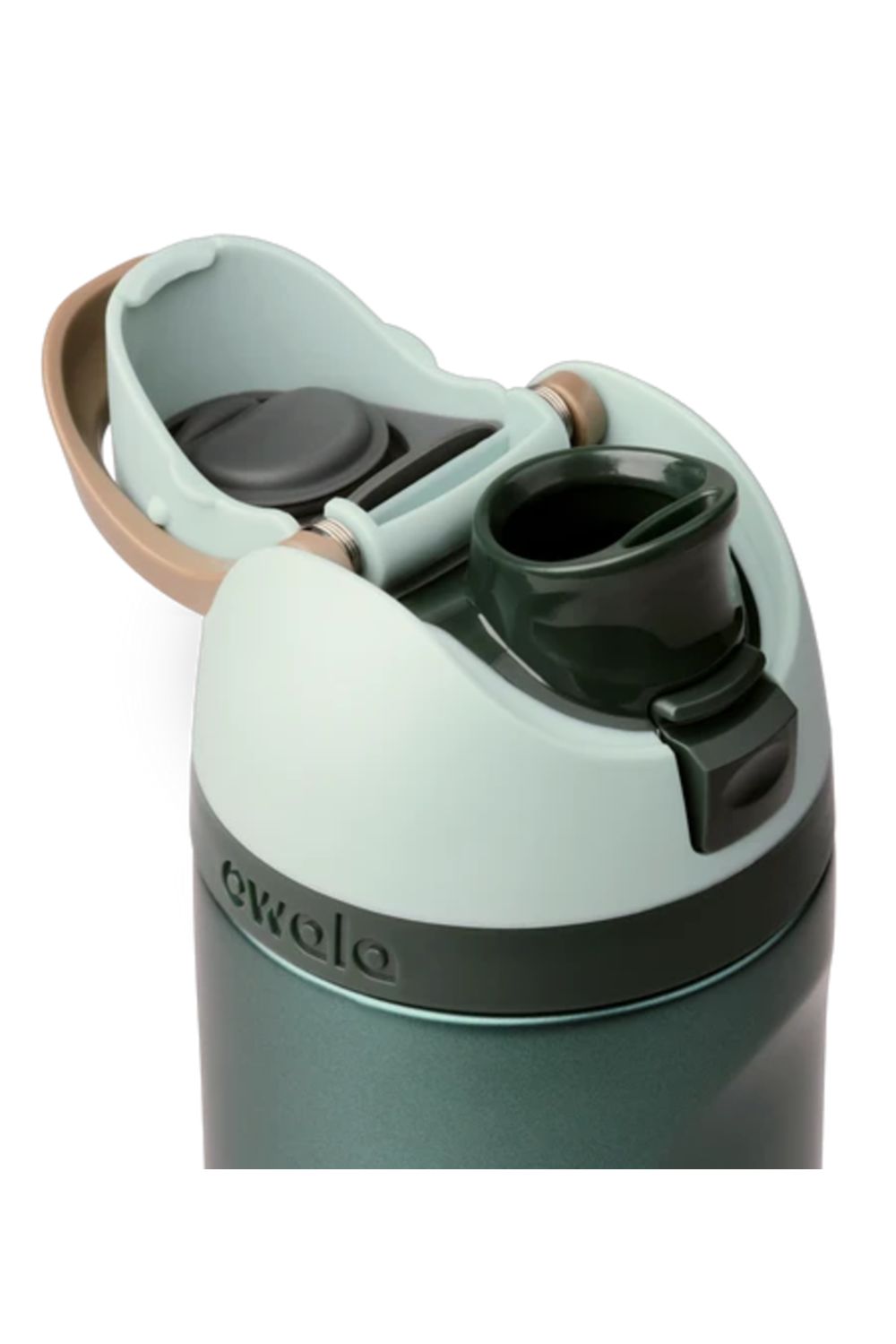 Owala FreeSip 24 oz stainless steel water bottle in winter green, shown in a close-up detail view of the open lid with a dark teal spout, mint green collar, and brown carrying loop.