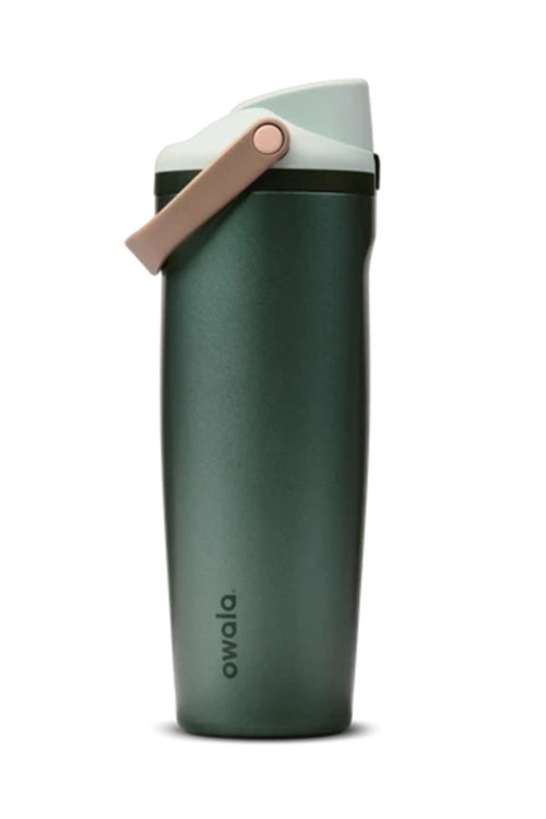 sparkly green water bottle with carry handle and tan lid