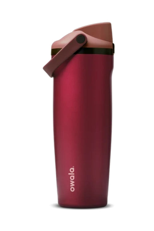 A rich red Owala FreeSip Sway 30 oz stainless steel water bottle featuring a dark burgundy lid, a matching bucket-style handle, and a pinkish accent button against a clean white background.