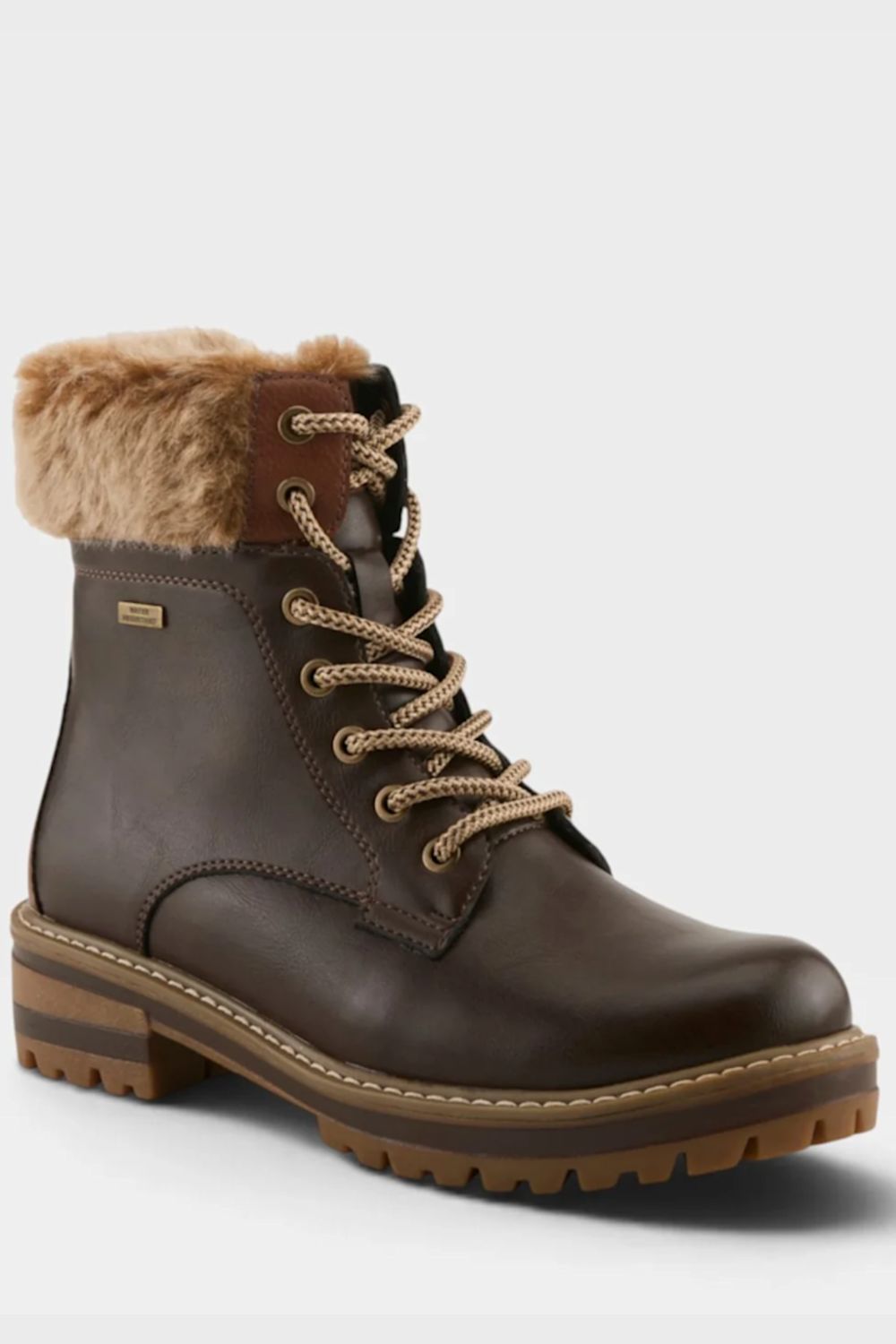 A dark brown leather lace-up ankle boot with a tan faux-fur collar and a chunky lug sole, shown on a light gray background.