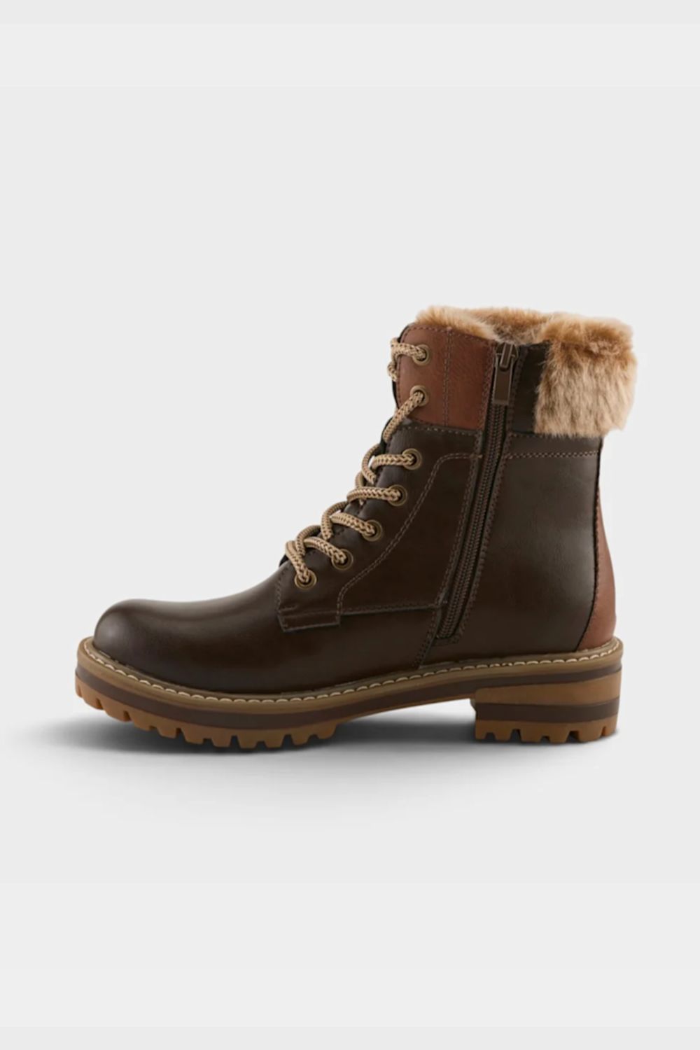 A dark brown leather lace-up ankle boot with a tan faux-fur collar and a side zipper, shown from a side profile on a light gray background.