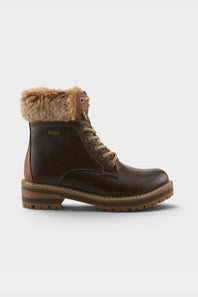 A dark brown leather lace-up ankle boot with a tan faux-fur collar and a chunky lug sole, shown from the side against a light gray background.