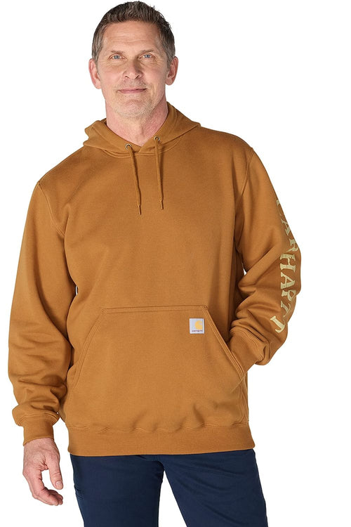 A man wearing a brown Carhartt hoodie and blue jeans stands