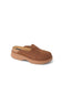A single brown suede clog shoe with a cork-textured footbed and a light tan platform sole, shown from a side angle on a white background.