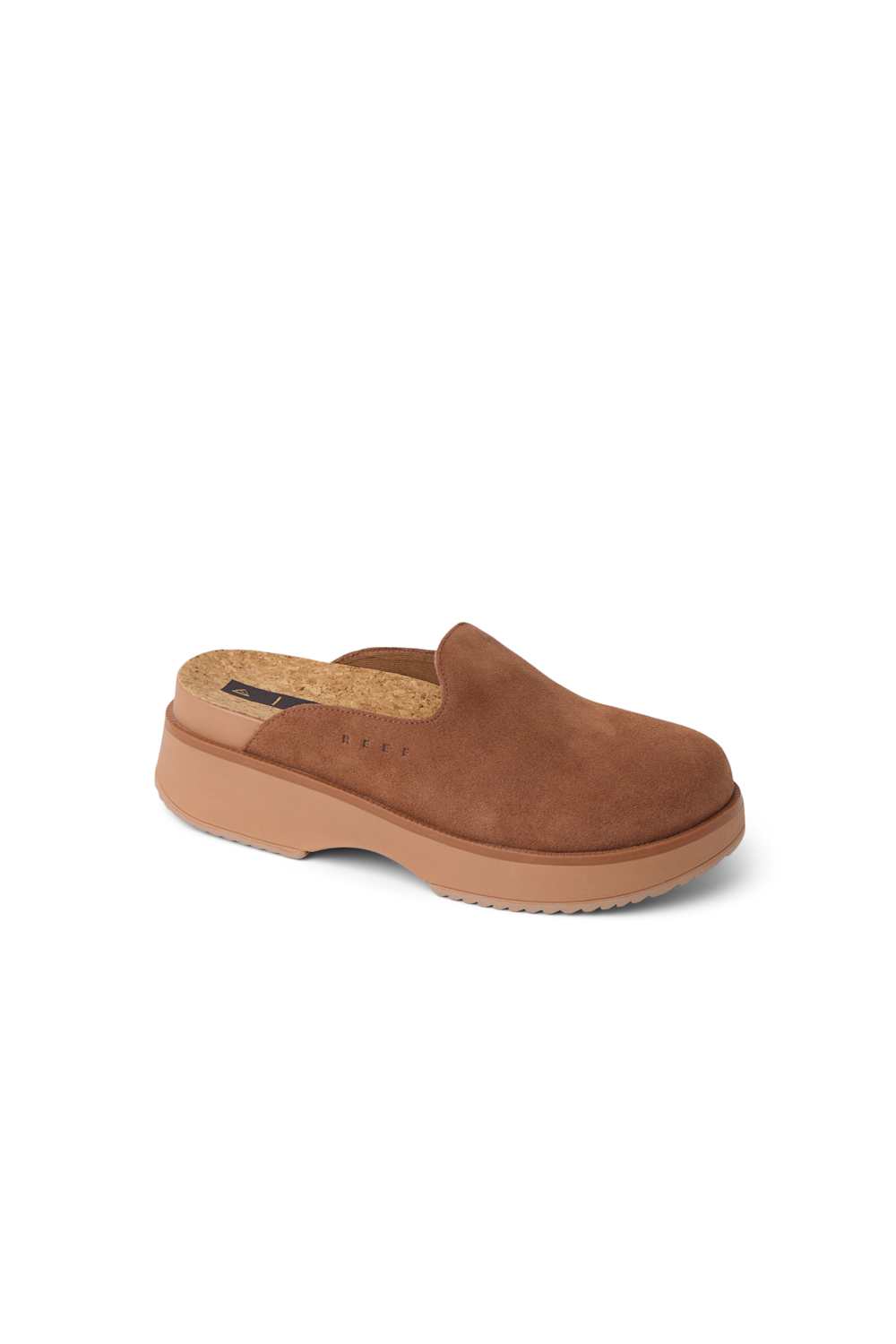A single brown suede clog shoe with a cork-textured footbed and a light tan platform sole, shown from a side angle on a white background.