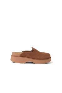 A single brown suede clog shoe with a thick platform sole, shown in a side profile view against a plain white background.