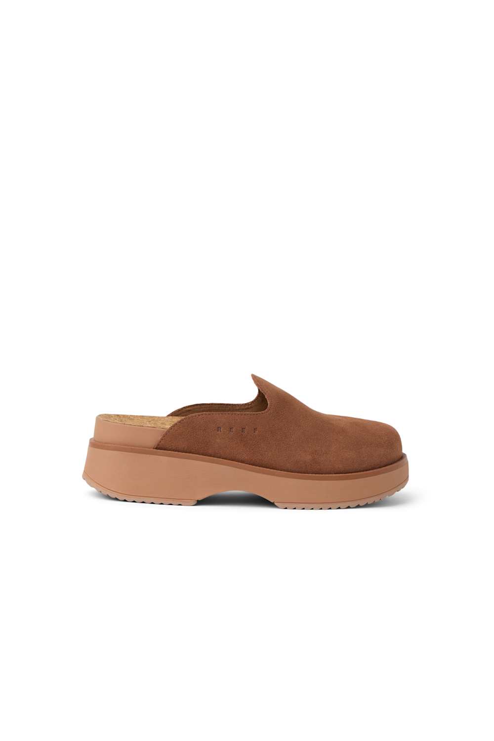 A single brown suede clog shoe with a thick platform sole, shown in a side profile view against a plain white background.