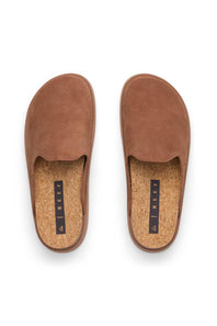 A pair of brown slip-on clogs with a suede-like upper and a natural cork insole, shown from a top-down view on a white background. The brand name '4 REEF' is printed vertically on a black label on the insole.