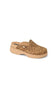 A single women's clog shoe with a brown and beige leopard print upper and a tan platform sole, shown from a side angle on a white background.
