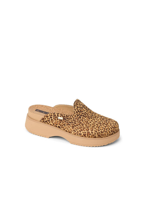 A single women's clog shoe with a brown and beige leopard print upper and a tan platform sole, shown from a side angle on a white background.