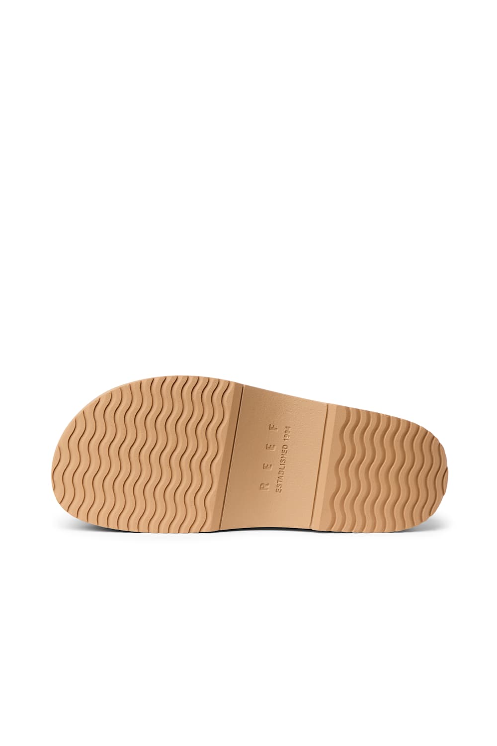 A close-up view of a tan rubber shoe sole with a wavy tread pattern, showing the brand name 'NEVER' and the text 'STOCKMANN' molded into the center, set against a plain white background.
