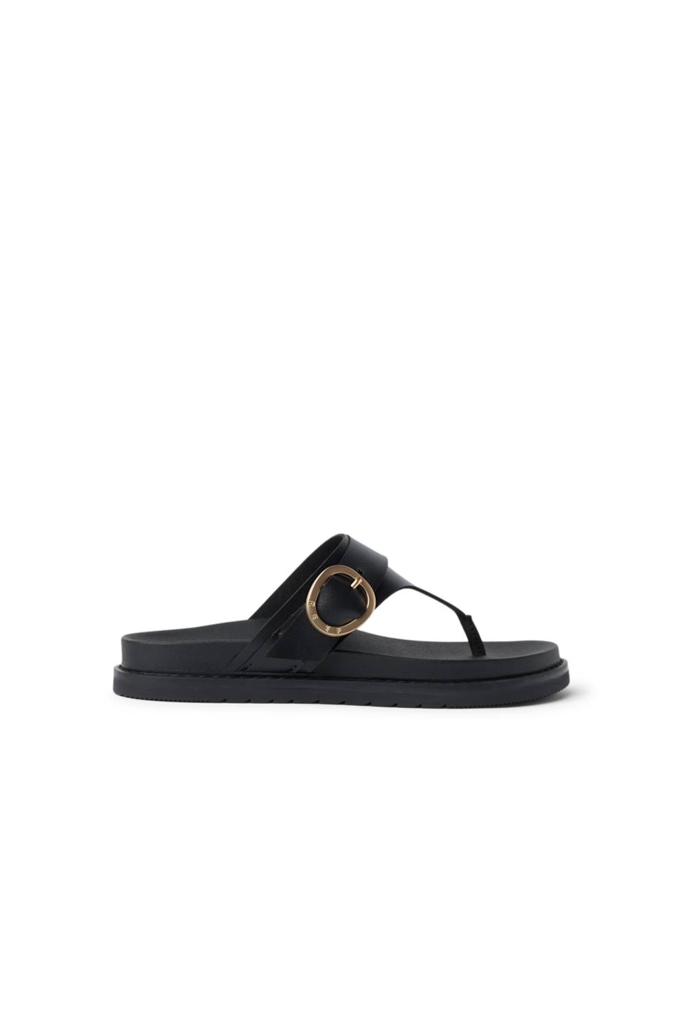 Black sandal with a gold buckle on a white background