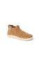 A tan suede ankle boot with elastic side panels and a thick off-white sole, shown from a three-quarters angle on a white background.