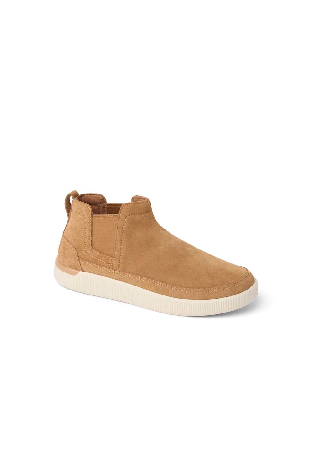 A tan suede ankle boot with elastic side panels and a thick off-white sole, shown from a three-quarters angle on a white background.