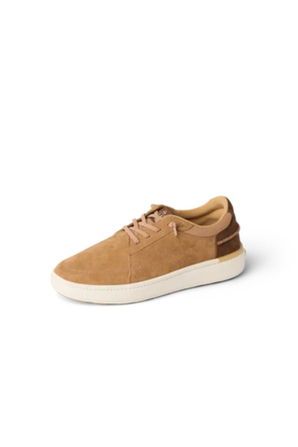 A single low-top casual sneaker in tan suede with matching laces, a dark brown heel accent, and a thick off-white sole, shown on a plain white background.