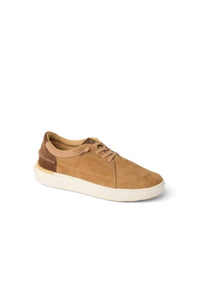 A low-top casual sneaker in tan suede with matching laces, a brown heel tab, and a thick off-white sole, shown from a three-quarters angle on a white background.