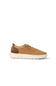A low-top casual sneaker in tan suede and brown leather, featuring a thick off-white sole, shown from a side profile on a white background.