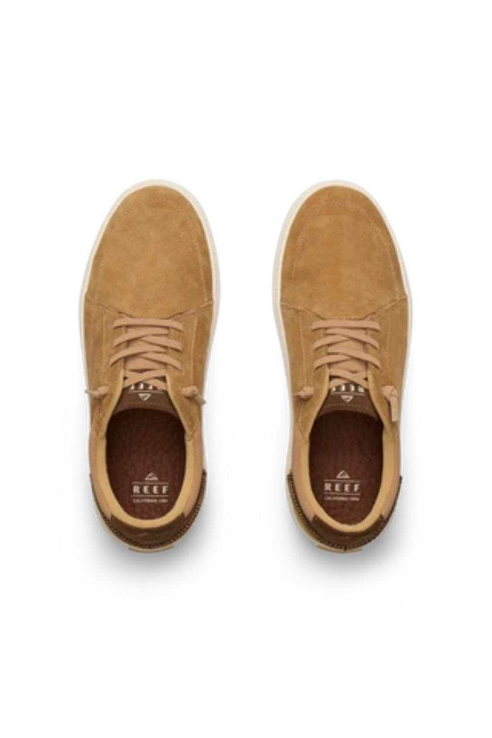 A pair of tan suede low-top sneakers shown from a top-down view on a white background. The shoes feature matching tan laces, a brown textured heel tab, and a white midsole.