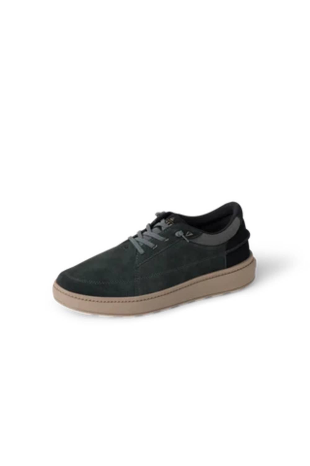 A single low-top sneaker in dark charcoal gray suede with a tan rubber sole, shown from a three-quarters angle on a white background.