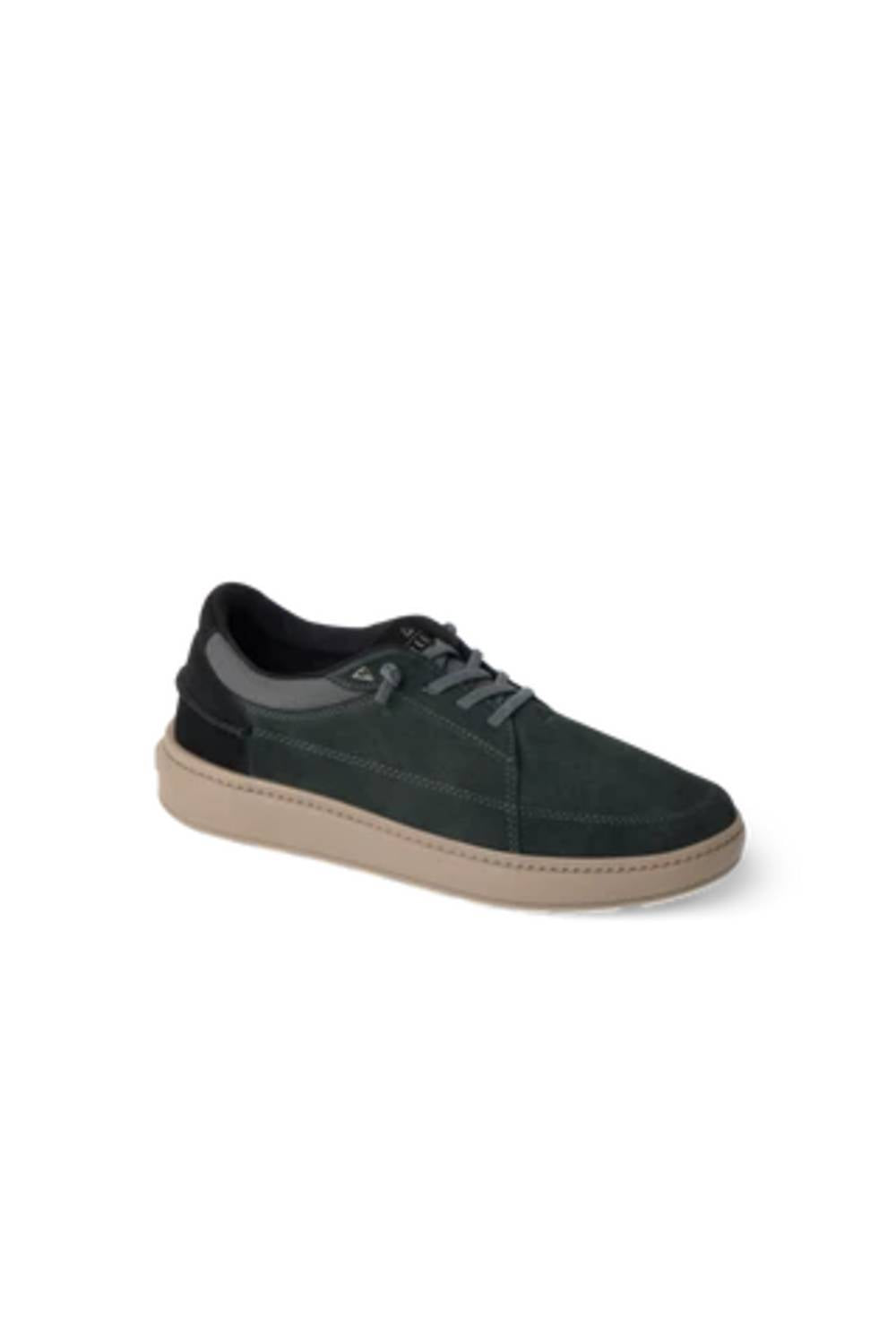 A dark green suede low-top sneaker with a beige rubber sole, shown from a side profile on a white background.