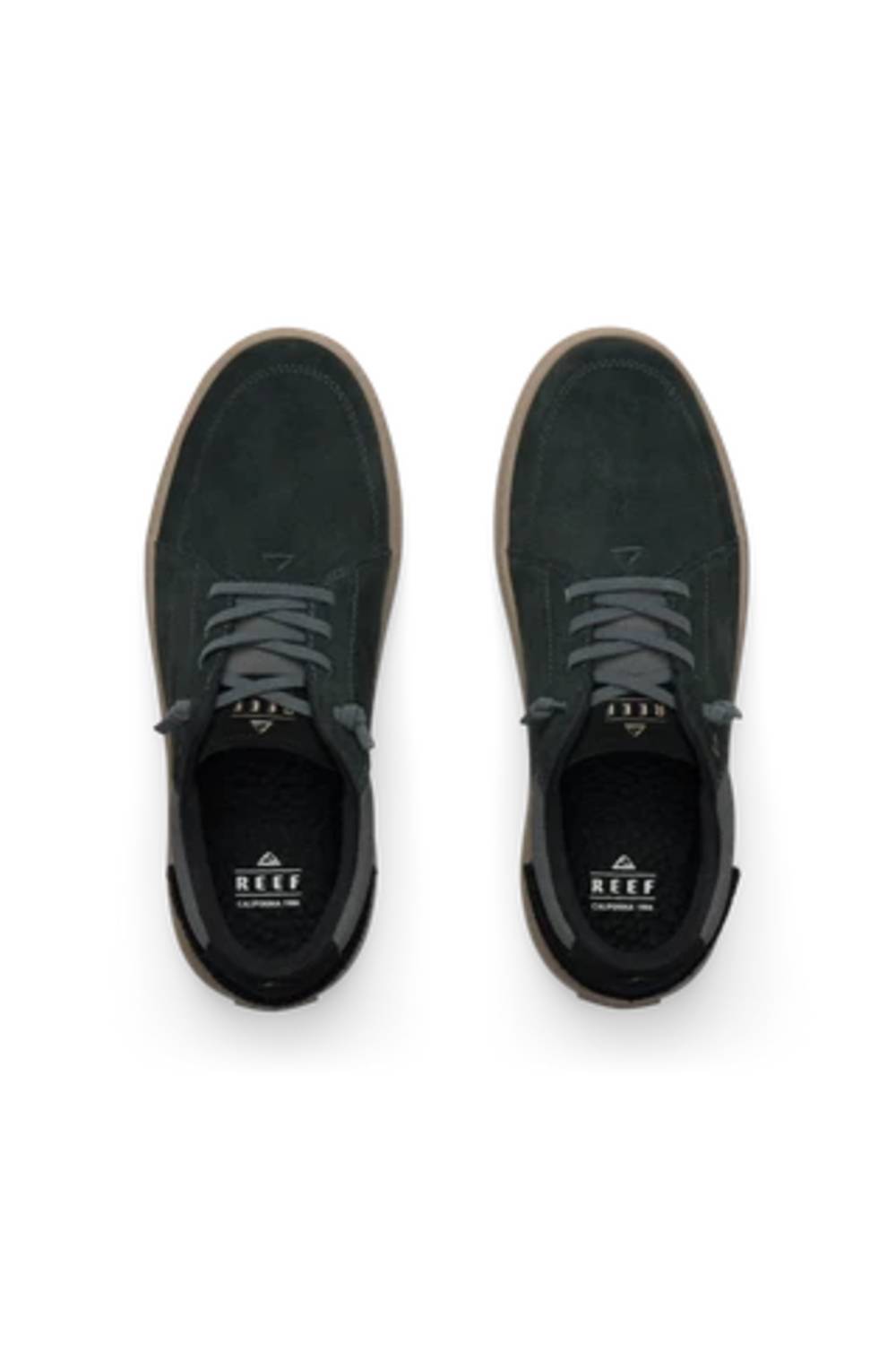 A pair of dark green suede low-top sneakers shown from a top-down view on a white background, featuring gray laces and a black interior with a visible Reef logo.
