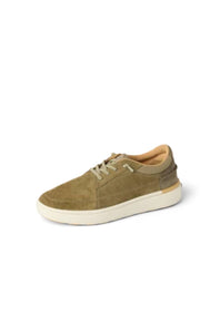A low-top casual sneaker in olive green suede with matching laces and a thick white sole, shown from a three-quarters angle on a white background.
