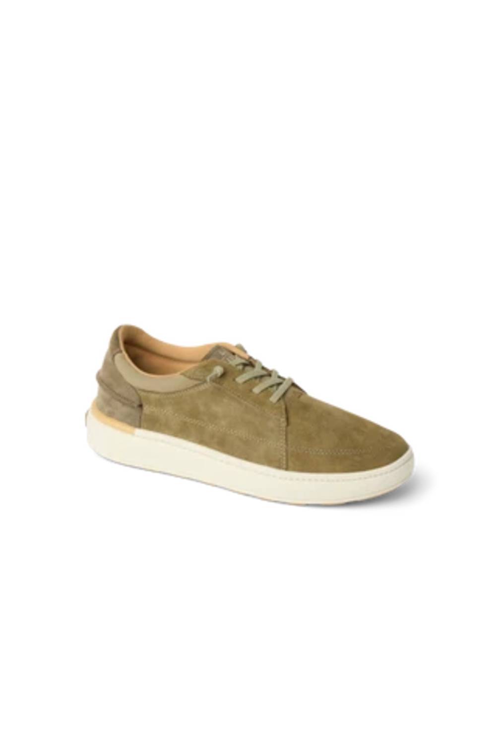 A single low-top sneaker in olive green suede with matching green laces and a thick off-white sole, shown from a three-quarters angle on a white background.